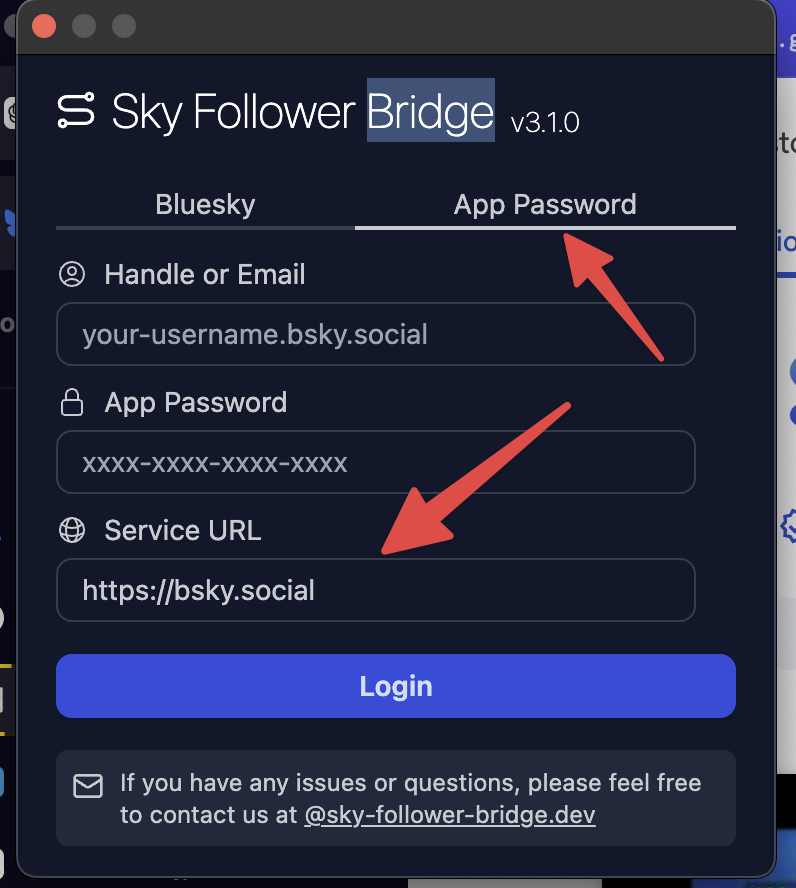 Pestaña App Password con Service URL